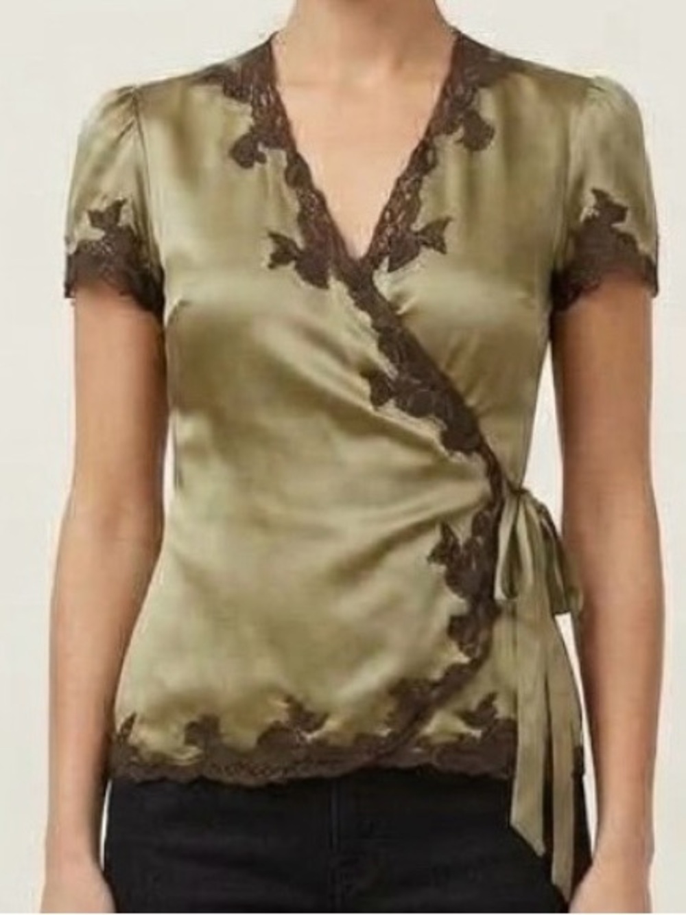 VINTAGE Leigh Bantivoglio 100% Silk Olive Satin Wrap blouse w/ Black Lace Trim